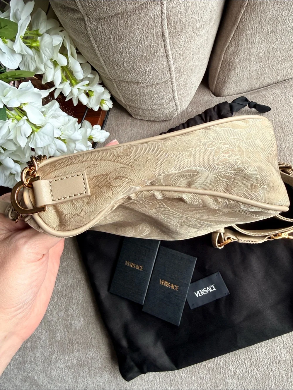 Versace Beige Floral Paisley Nylon Shoulder Crossbody Bag with Gold Chain New